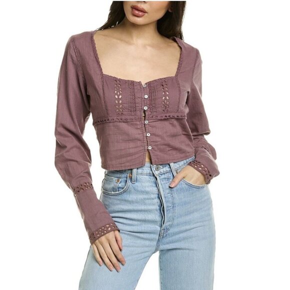 Free People Joi Eyelet Crop Blouse in Roan Rouge Women’s Size Medium - Picture 2 of 13